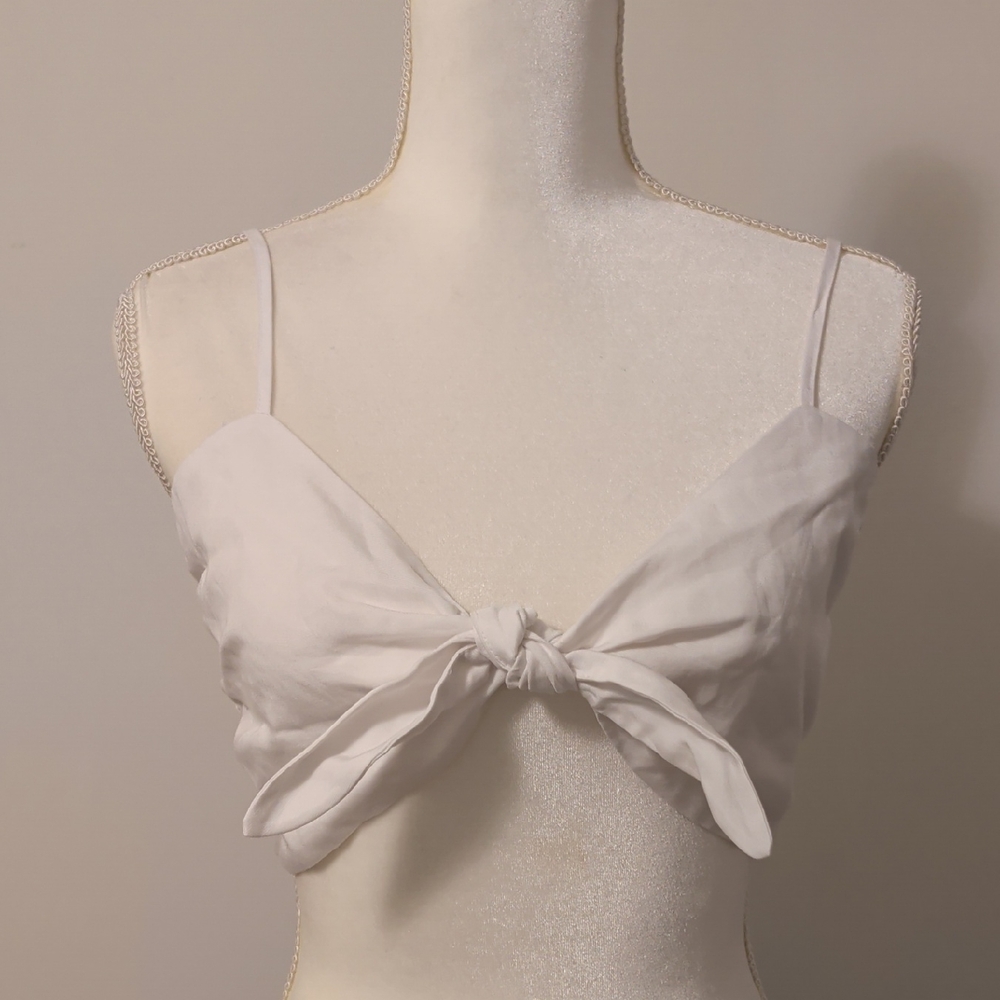 Linen Blend Crop Tie Front Adjustable Spaghetti Strap Bandeau Tank Top